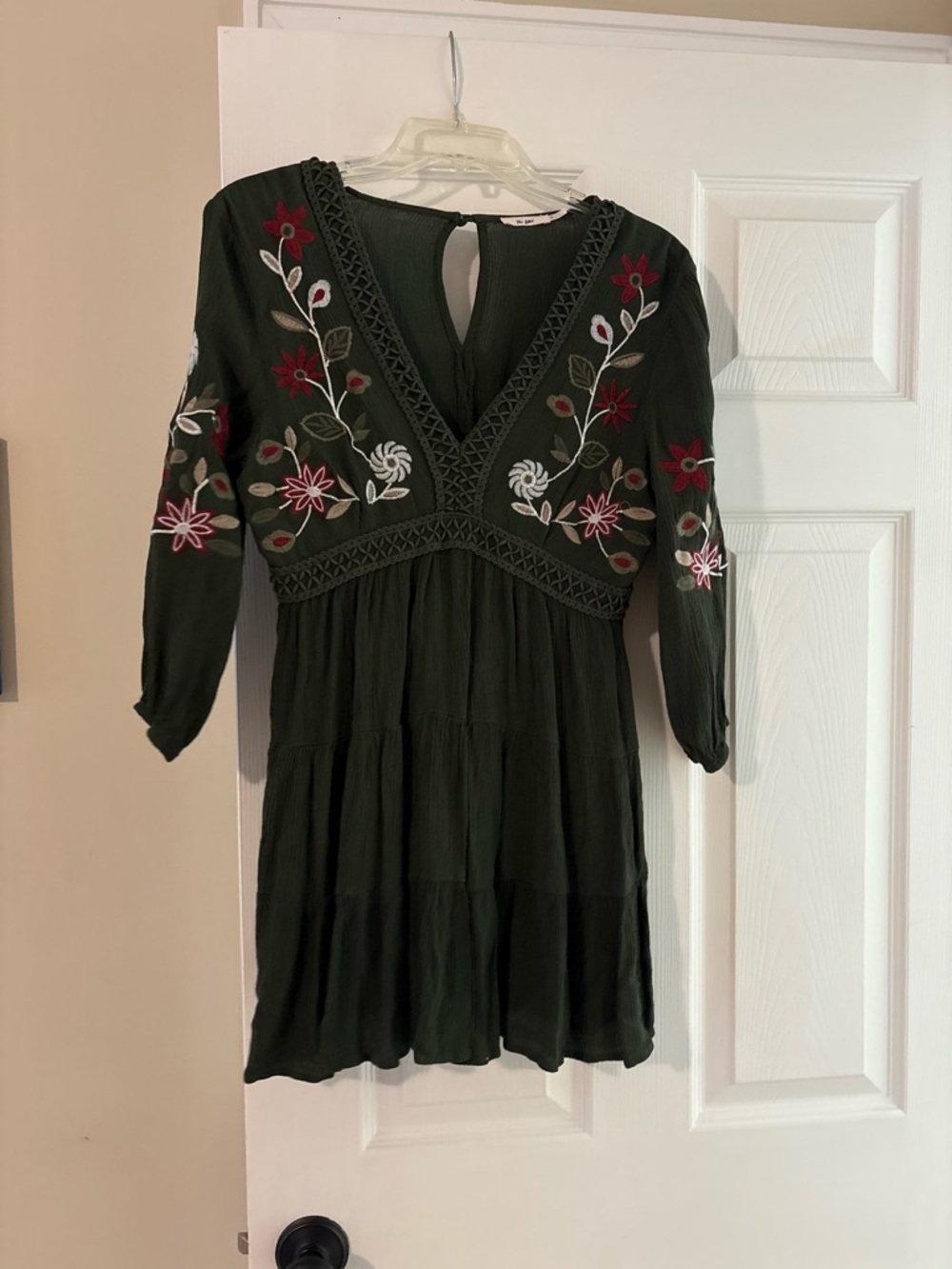 Francesca's Collections Olive Green Embroidered V-Neck Dress